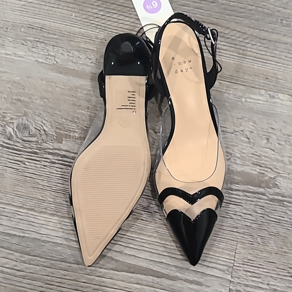 RESTOCKED a new day Eleanor Black and Clear Heart  Slingback Heels - Picture 5 of 5